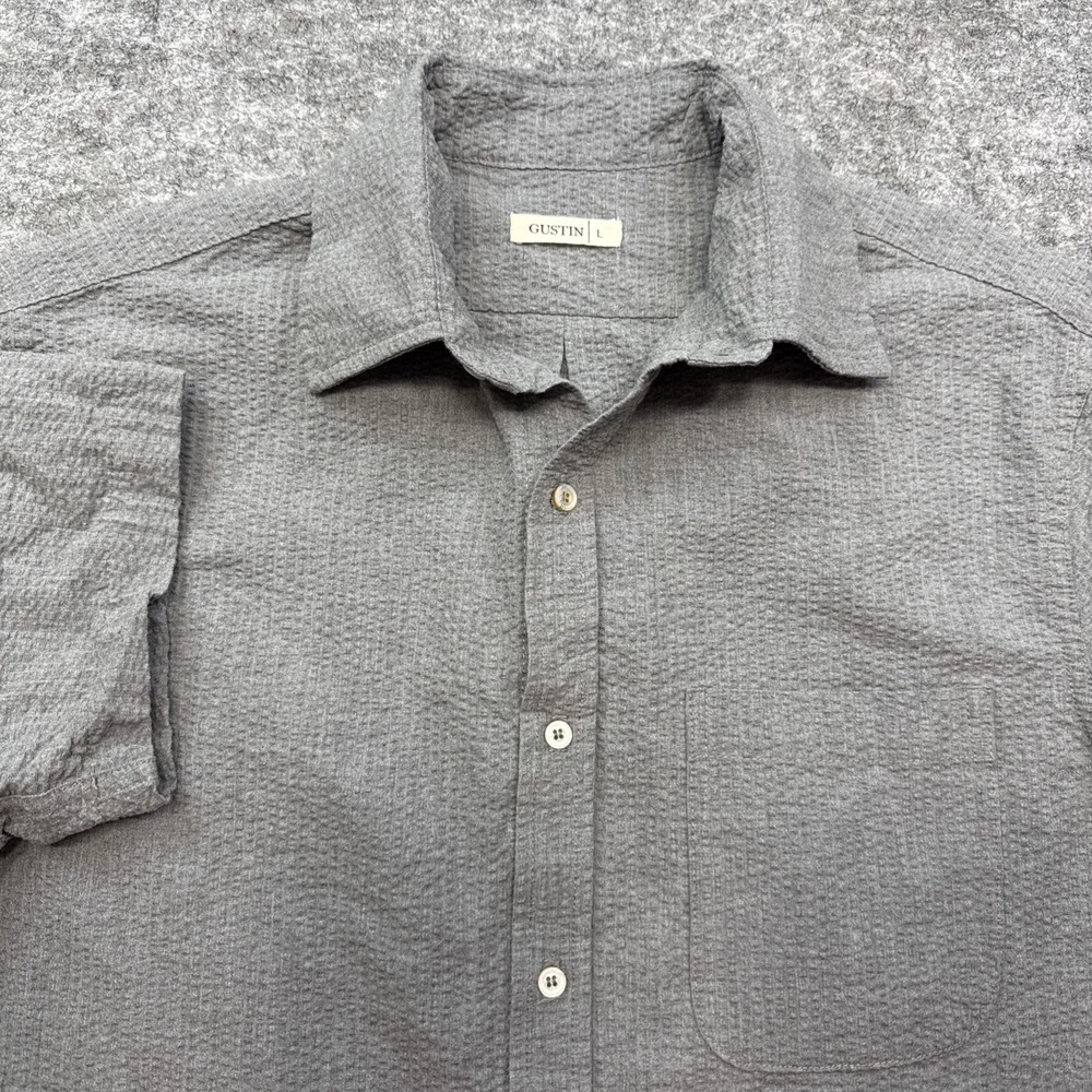Gustin seersucker shirt men's large gray short sleeve beach casual cotton USA